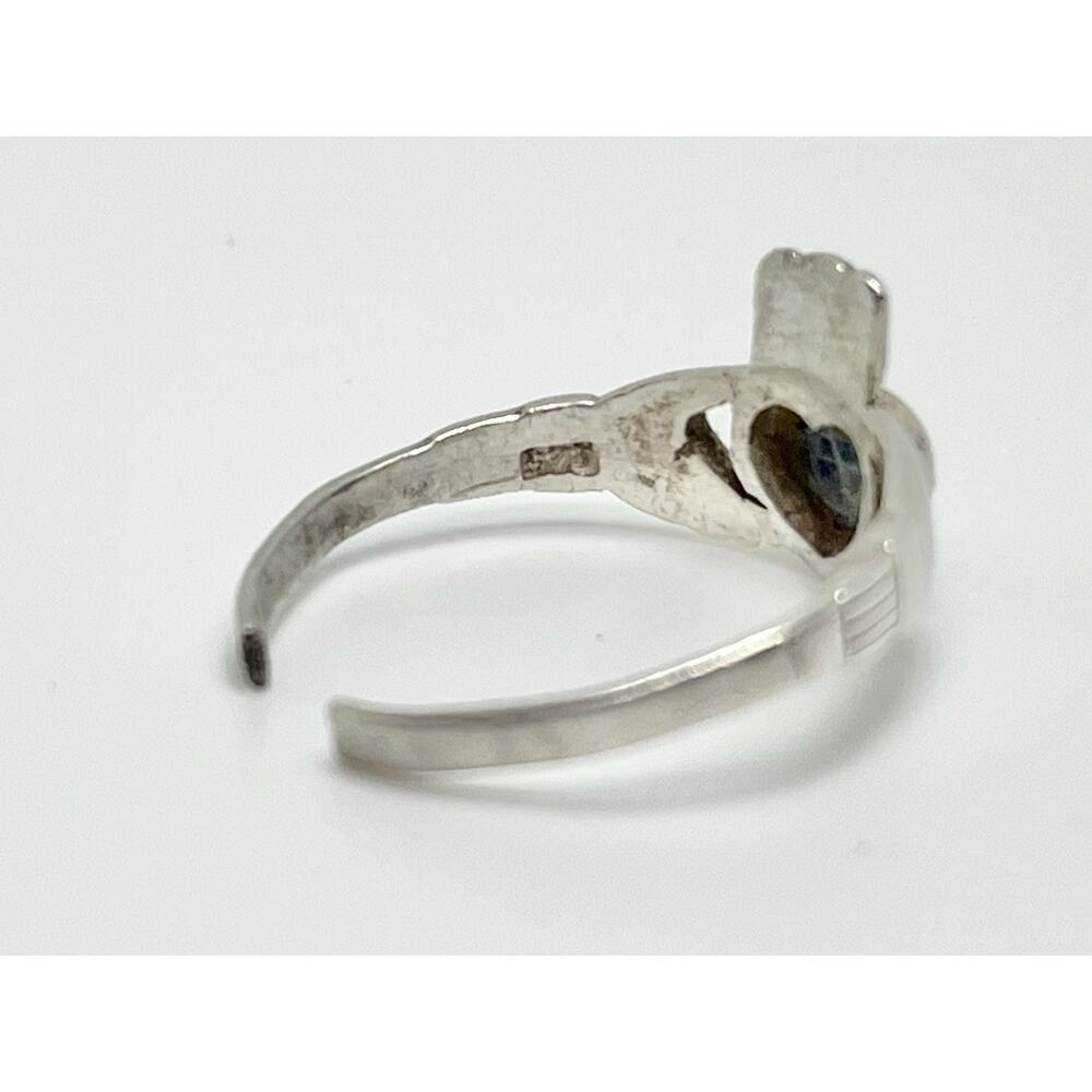 1970s Vintage Sterling Silver .925 & Blue Green Lapis Claddagh Ring, Size 7 - Picture 5 of 5
